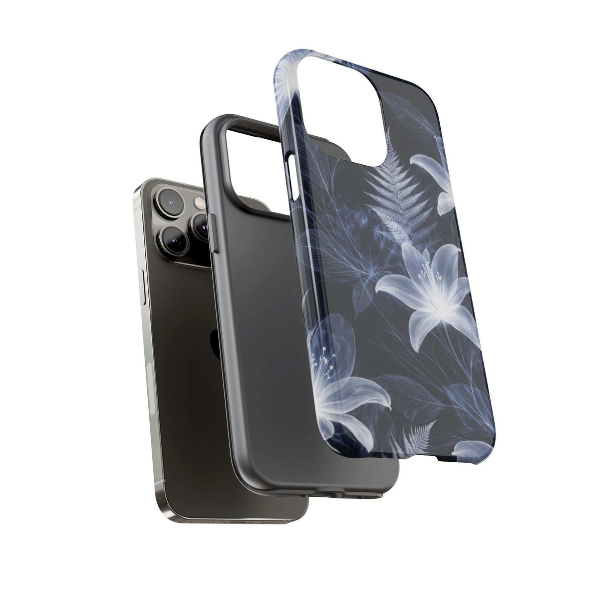 Transparent phone case showing blue floral and fern design, camera cutout and side grip