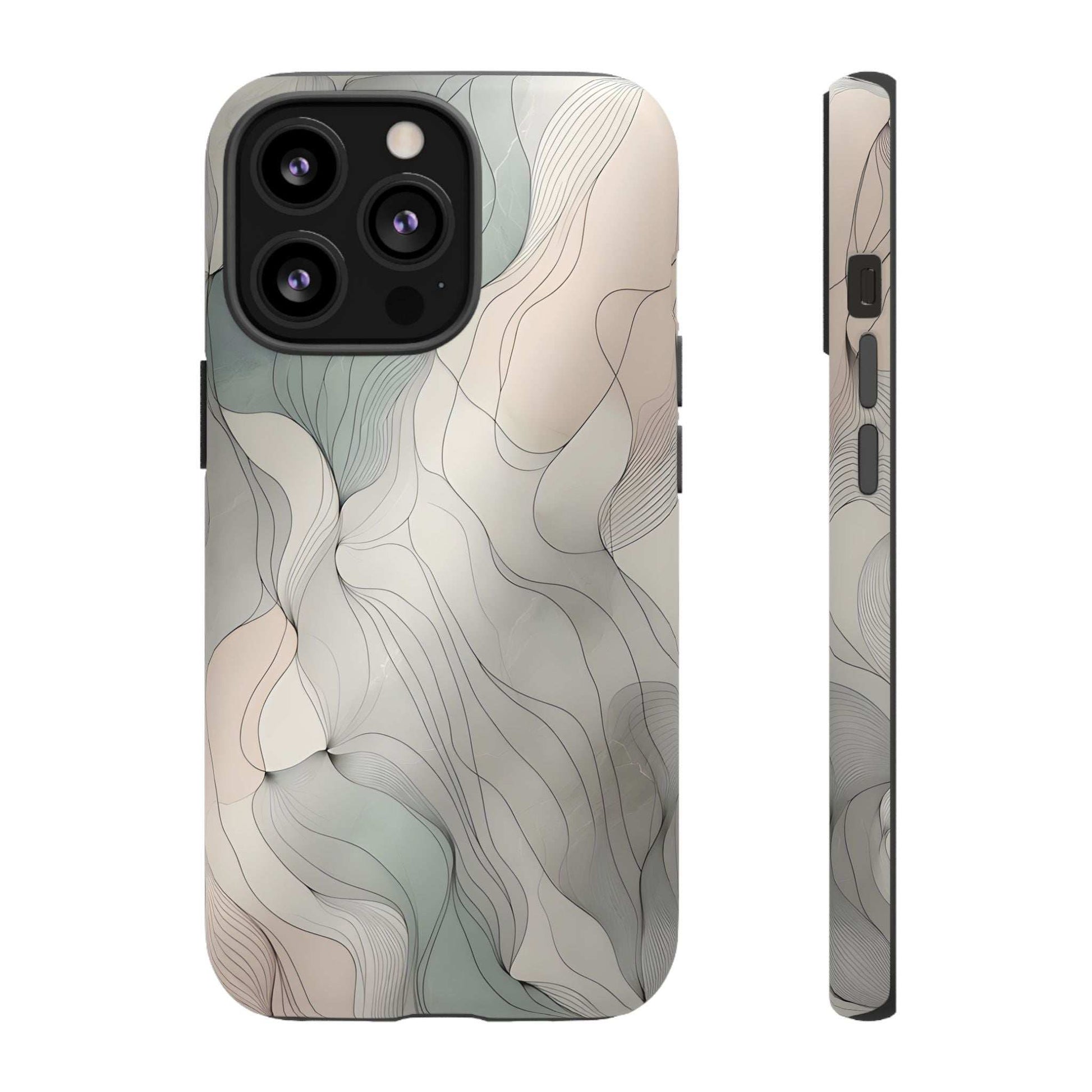 Pastel wave phone case, beige with light blue abstract lines; dual camera openings