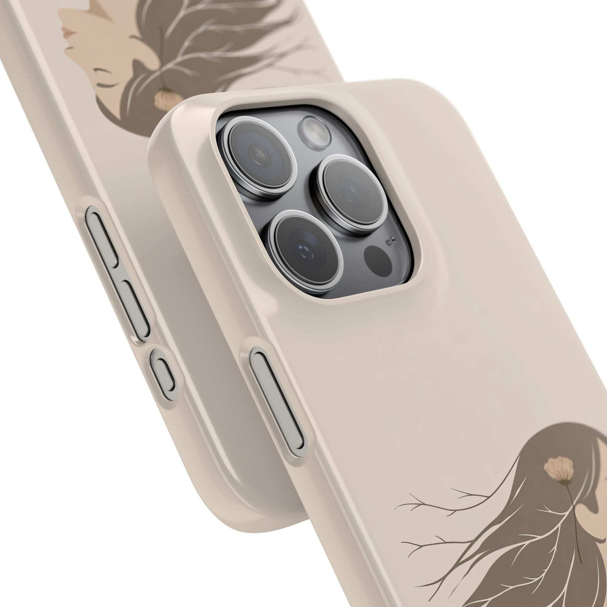 Light tan phone case close-up with woman line-art, camera lens openings, and side controls