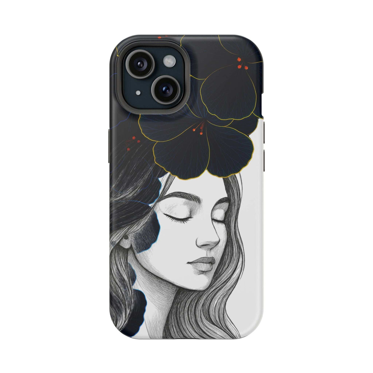 Dark floral phone case front view with blue flower design over grayscale portrait