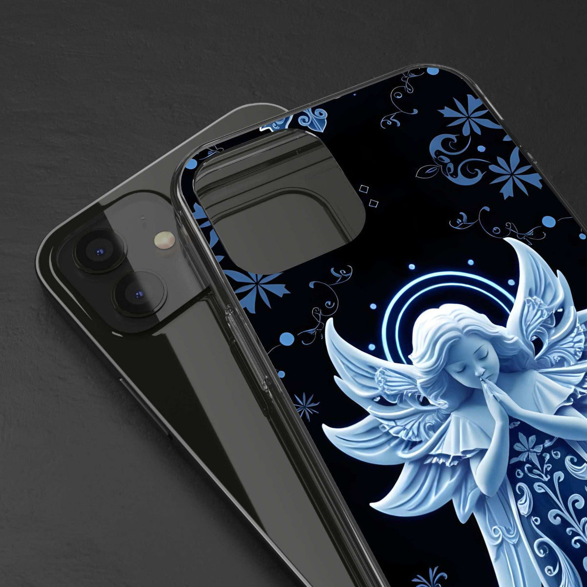 Clear-edged blue angel prayer phone case with neon halo circle and floral accents