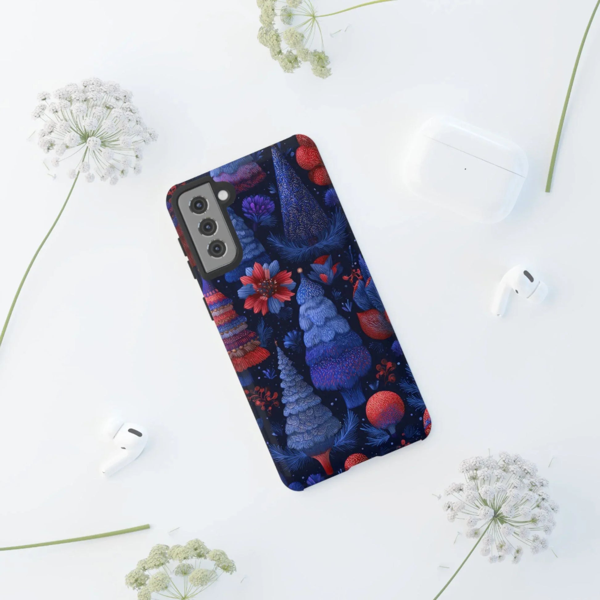 Midnight Blue Christmas Forest Phone Case for iPhone 8-17 and Galaxy S21–S25 - KARARMDESIGN
