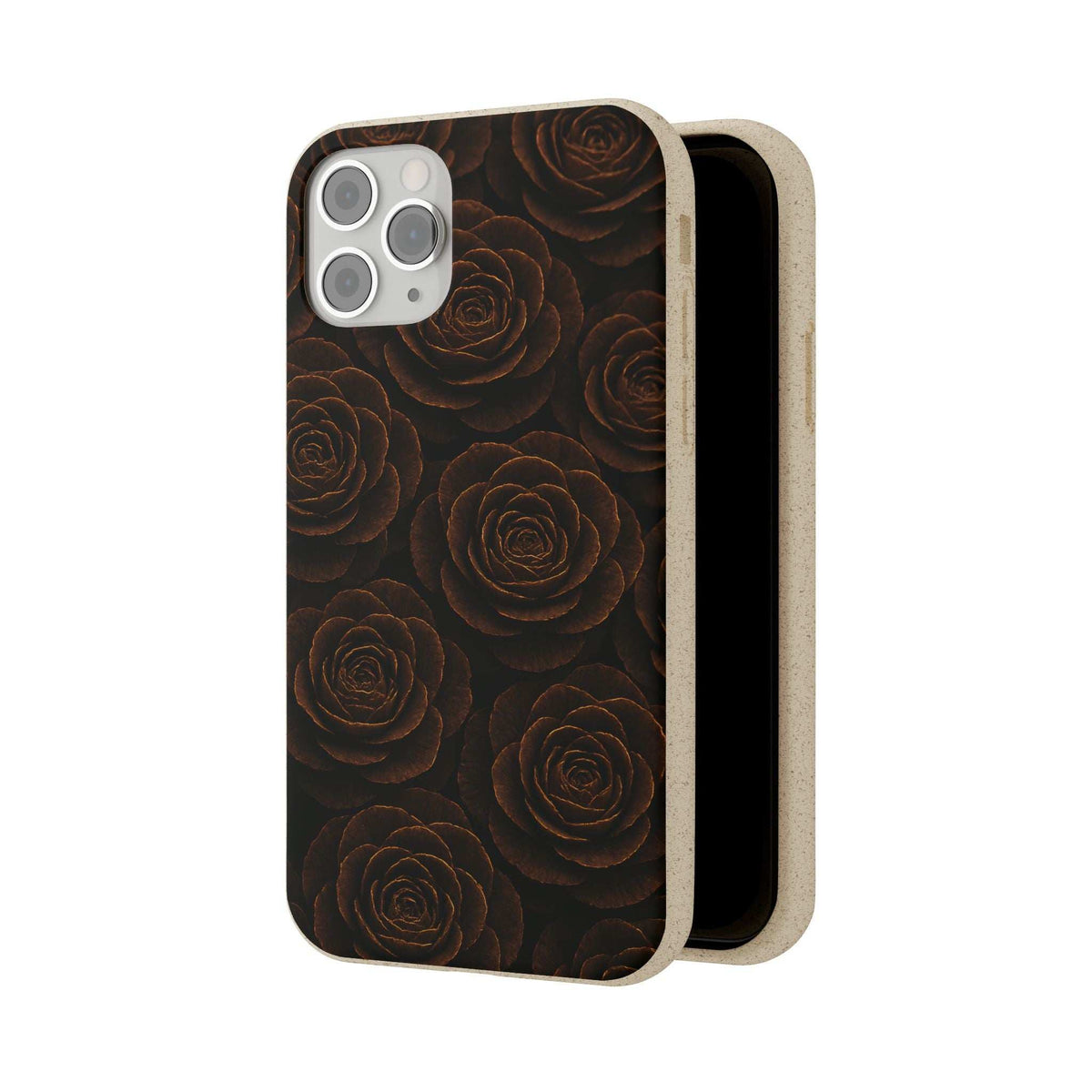 Phone case with dark rose pattern and light wood edge, front cover shown