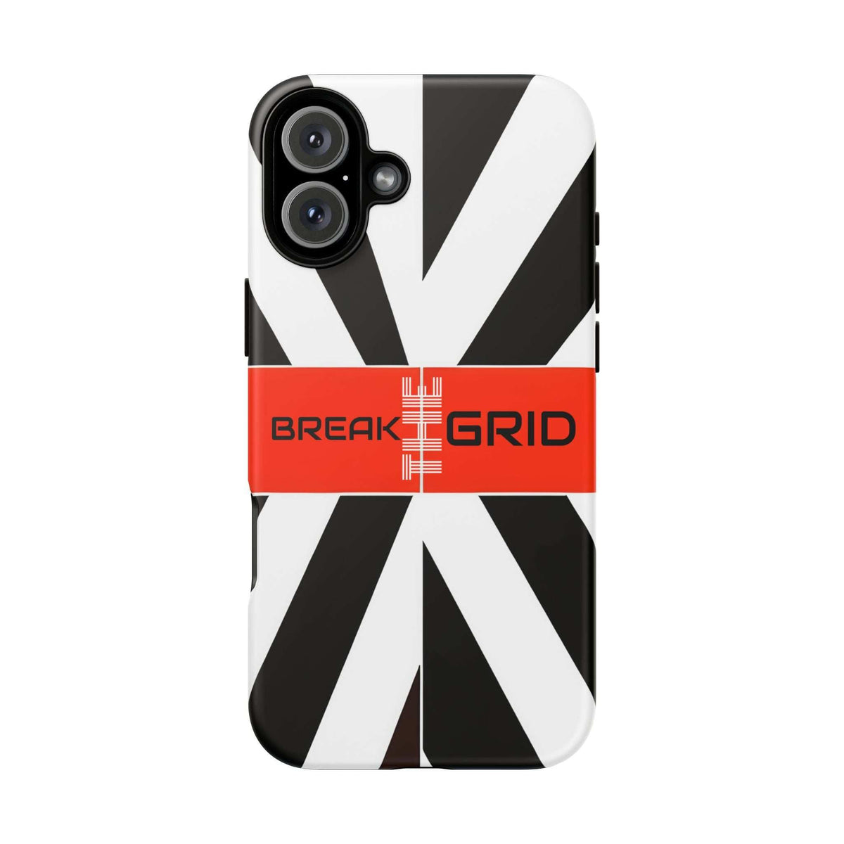 Phone case with black-and-white diagonal stripes, red Break Grid band, triple camera cutout