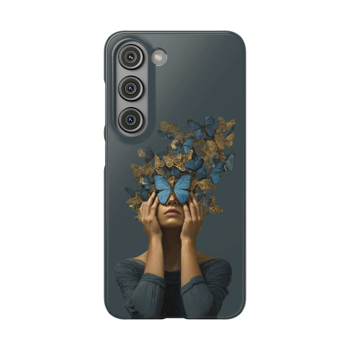 Phone case with dark blue artwork: a woman’s face under butterflies and gold branches