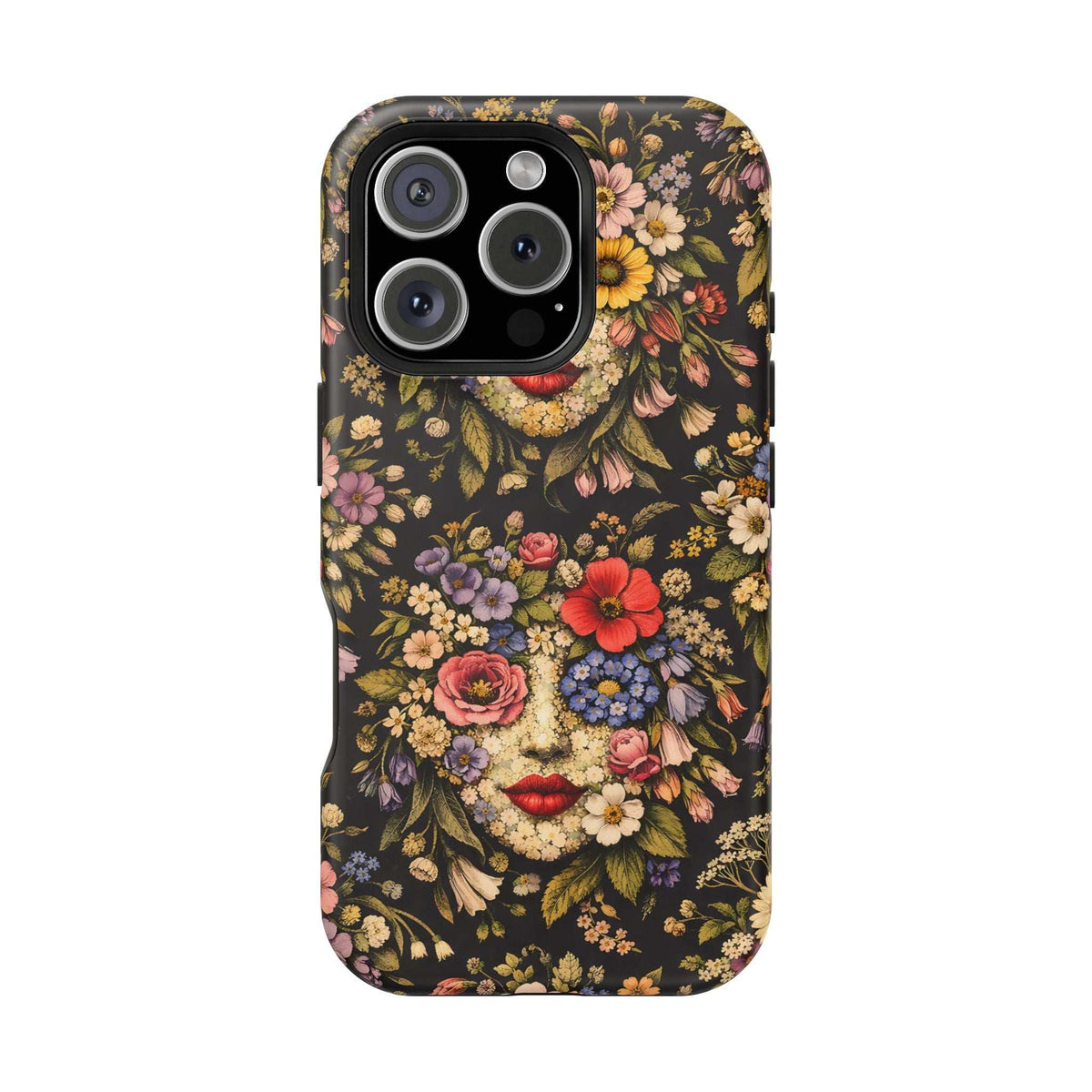 Black floral face phone case with red lips and detailed flowers, triple camera cutouts