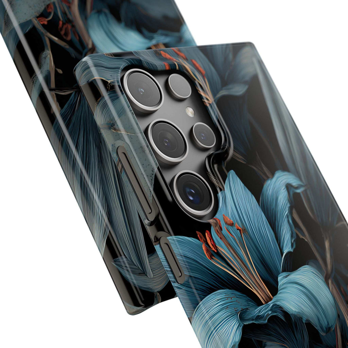 Phone case with blue lily floral design, multiple camera lens openings and side controls