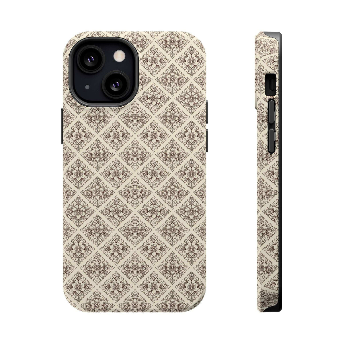 Beige ornate phone case with repeating diamond floral pattern and camera lens cutouts.