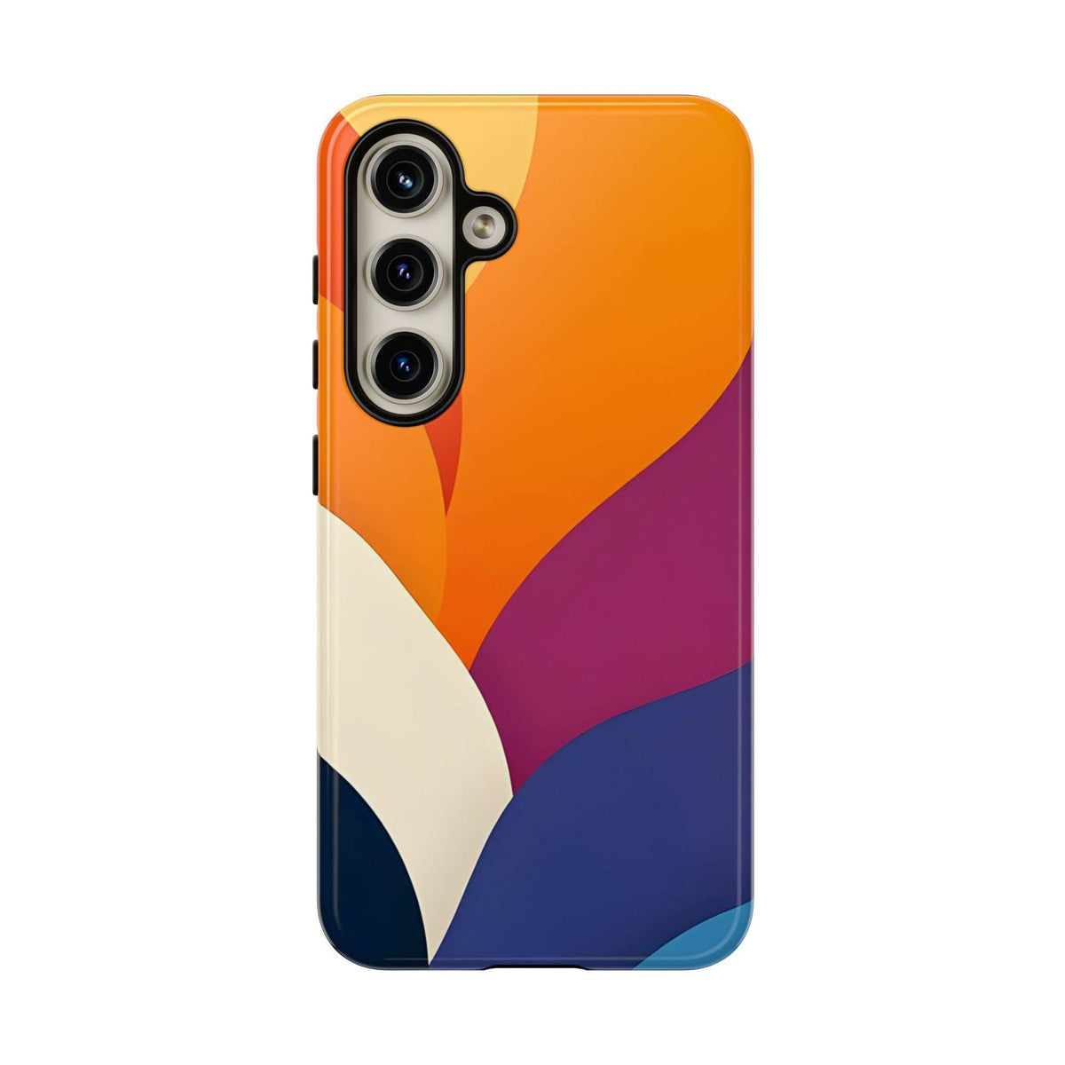 Phone case with abstract orange, magenta, navy and white design; dual camera cutouts
