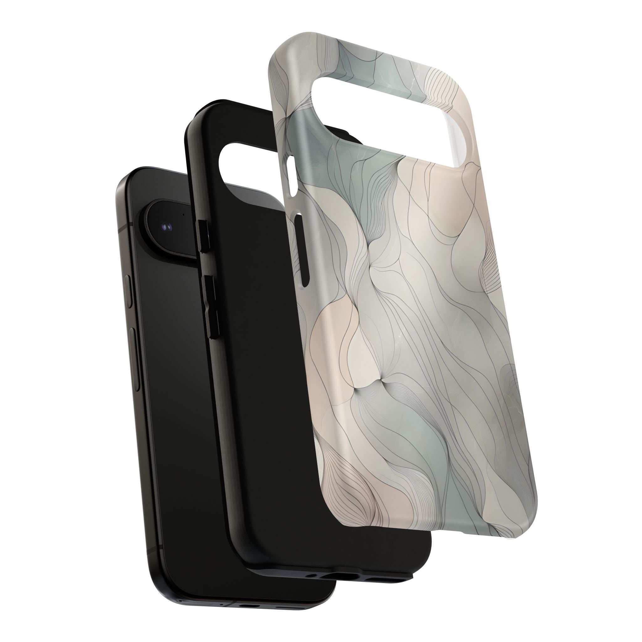 Pastel wave phone case showing camera and button openings, light blue wavy pattern