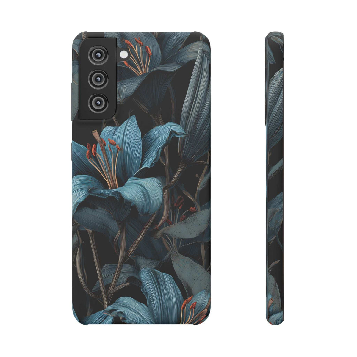 Floral phone case with dark navy botanical print, orange stems, and camera cutouts