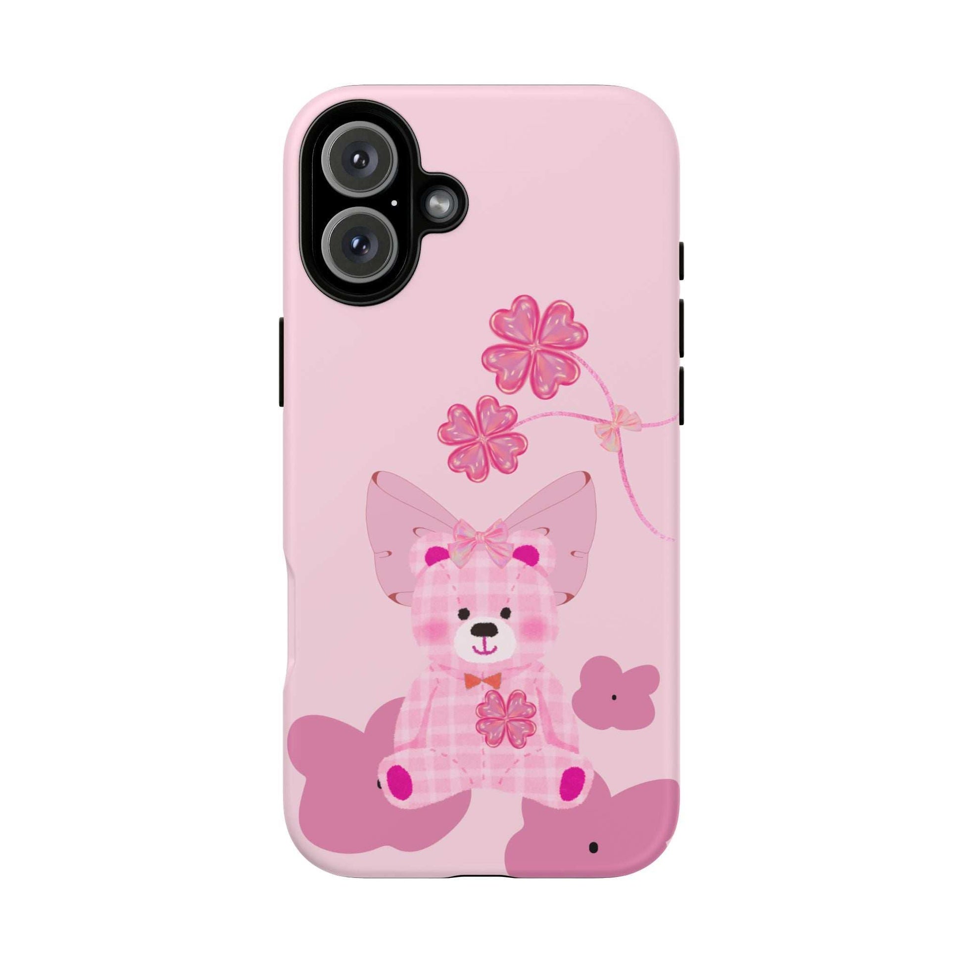 Pink phone case with teddy bear graphic, pink flowers, and camera cutouts visible.