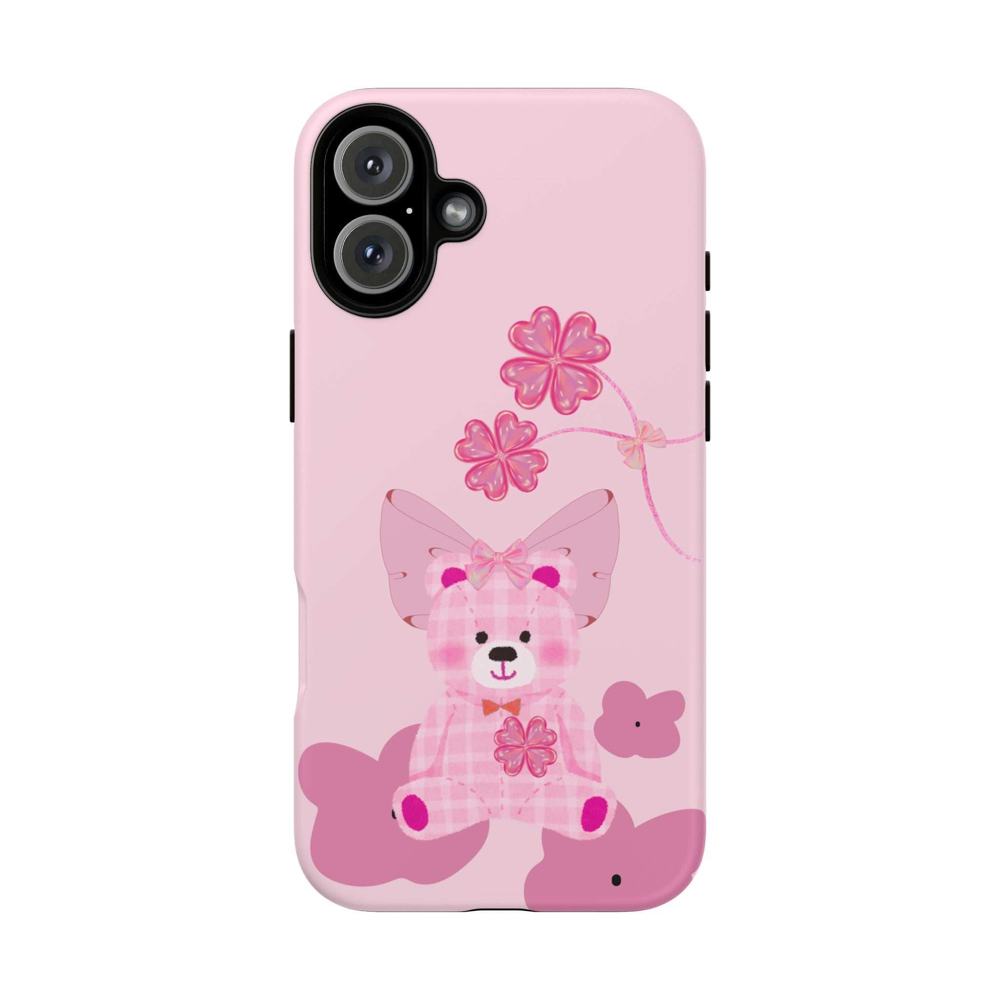 Pink phone case with teddy bear graphic, pink flowers, and camera cutouts visible.