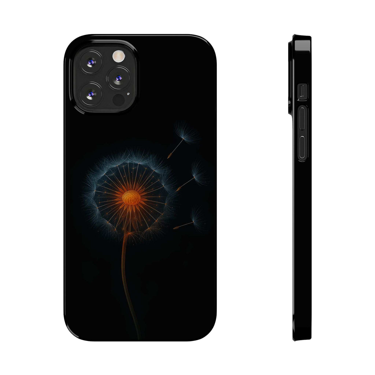 Black phone case with glowing dandelion pattern, camera cutouts, and side button area