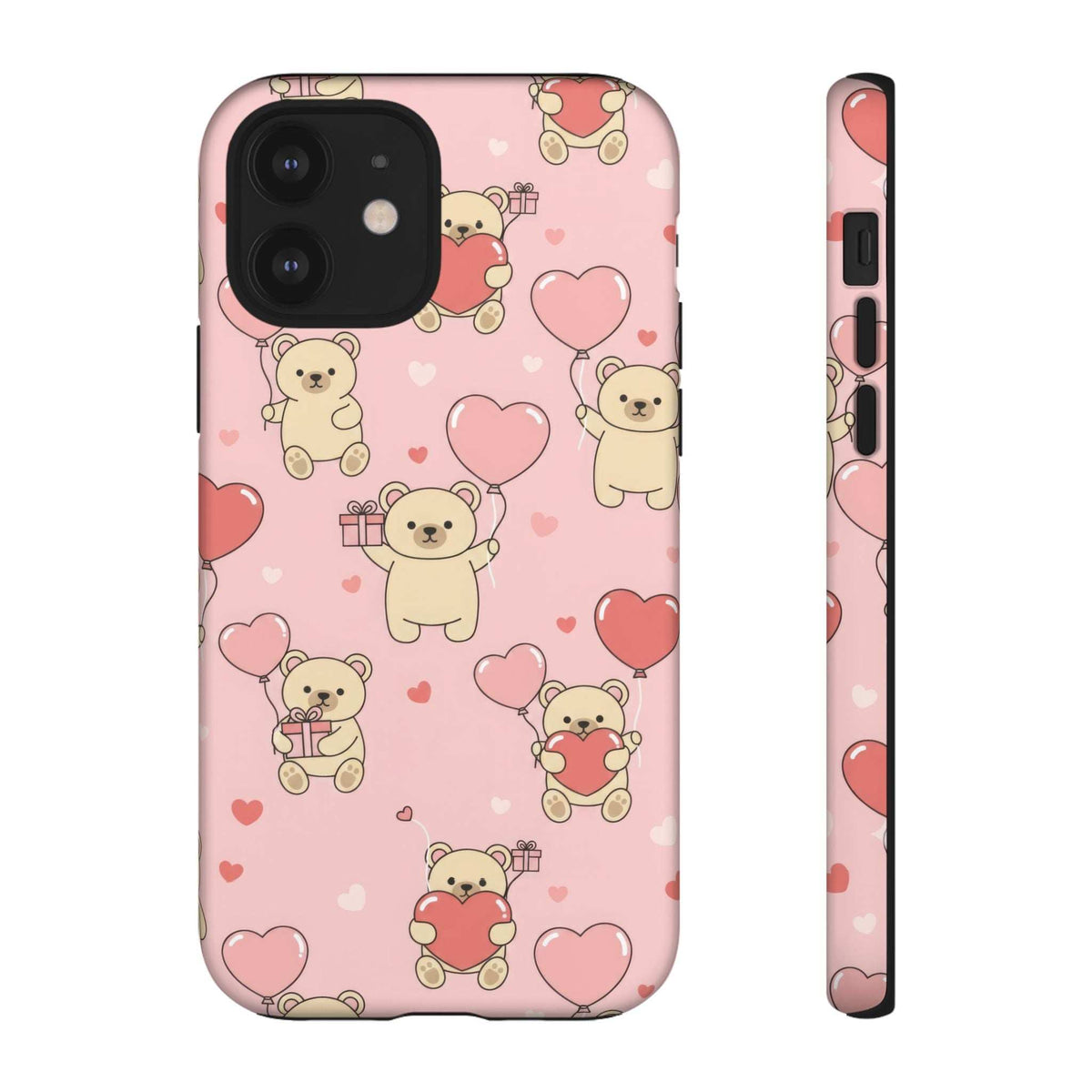 Pink phone case with teddy bear and heart pattern, back camera cutouts and thin side