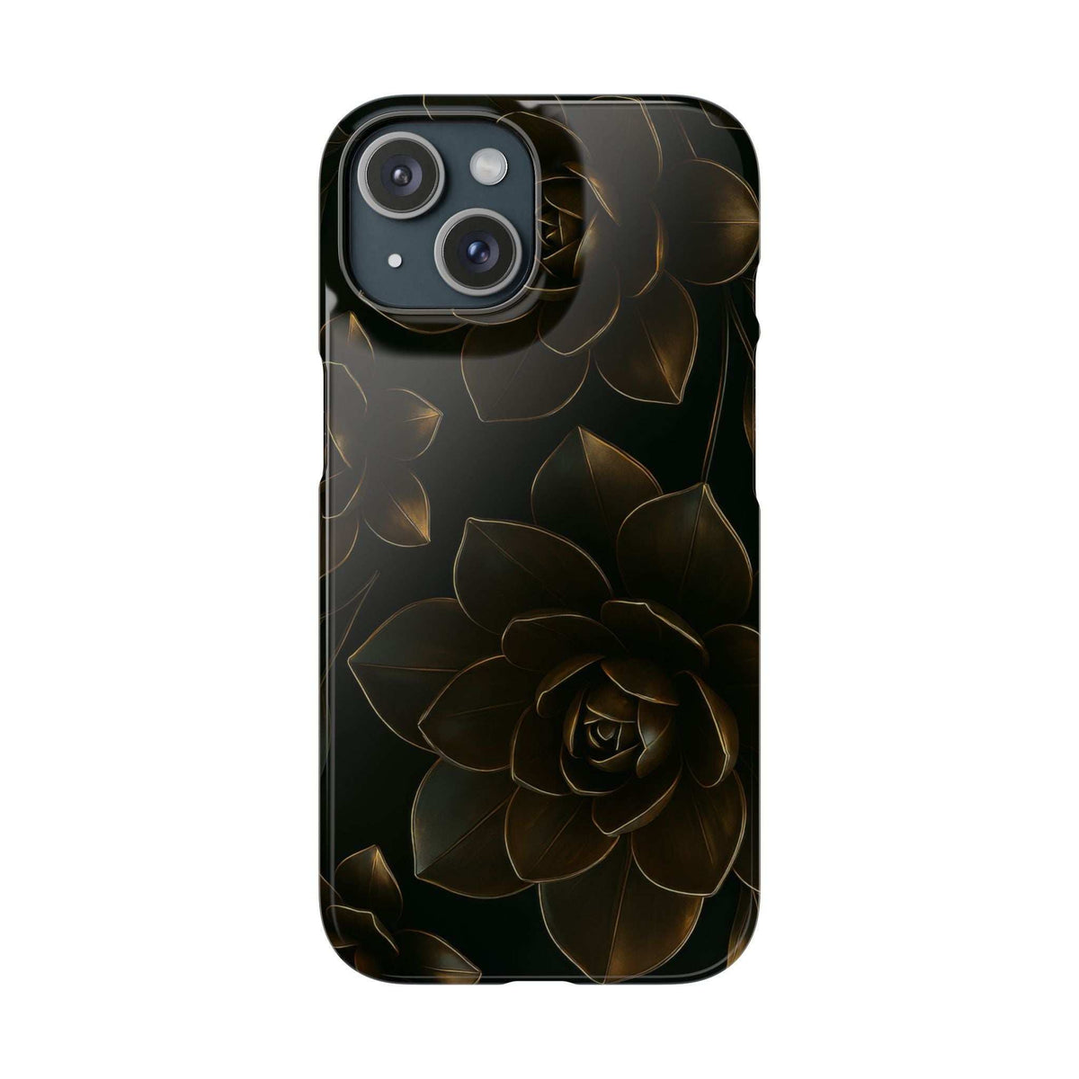 Black glossy phone case featuring gold rose and leaves; covers back with camera openings