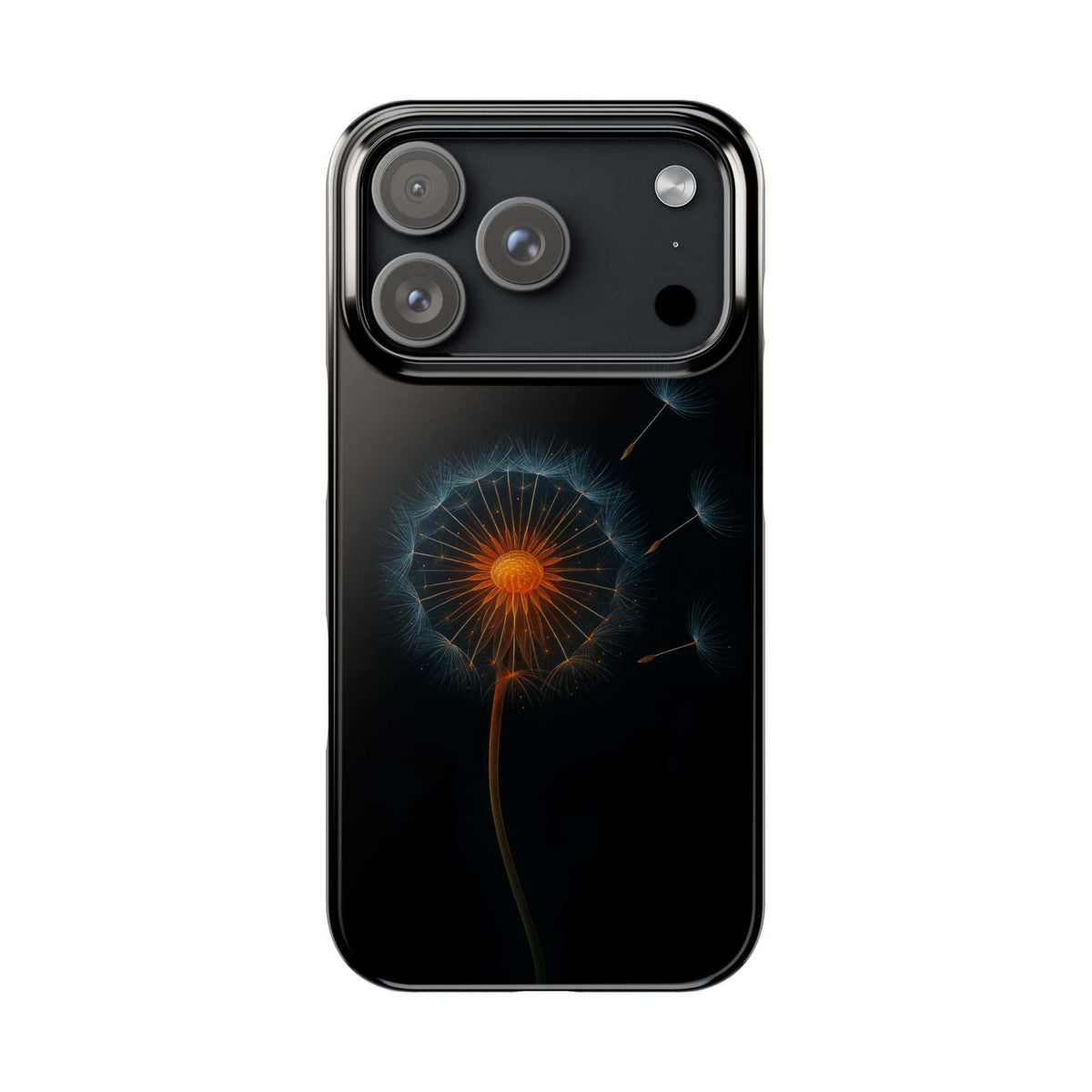 Black phone case showing glowing orange dandelion and blue dandelion-seed glow