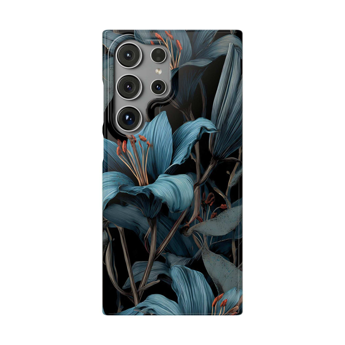 Phone case with blue botanical floral pattern, four camera cutouts, raised protective rim