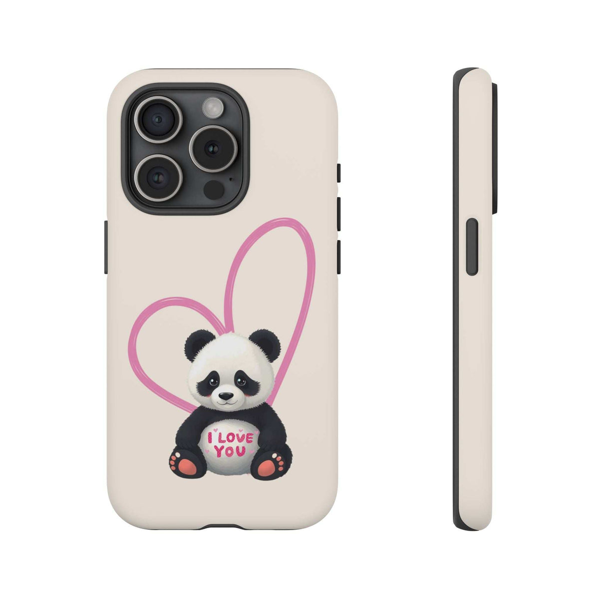 Beige phone case with panda in pink heart holding 'I LOVE YOU'; quad camera cutouts visible.