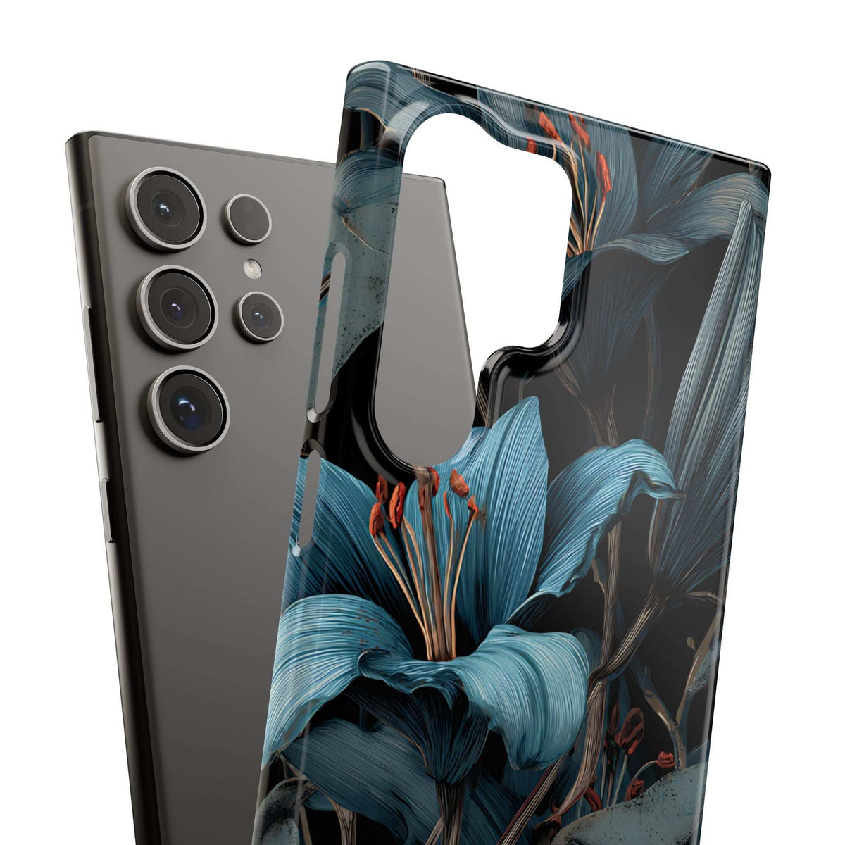 Phone case with blue lily floral print, front cutout and camera cluster openings