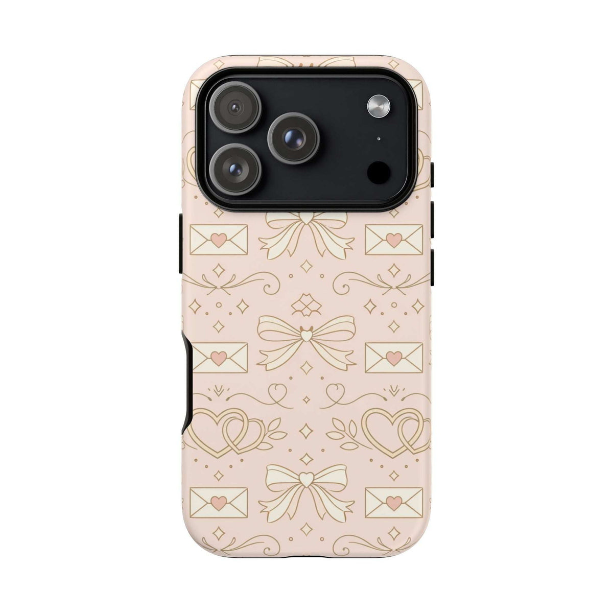 Light pink tough phone case with heart and bow pattern, multi-lens camera cutout