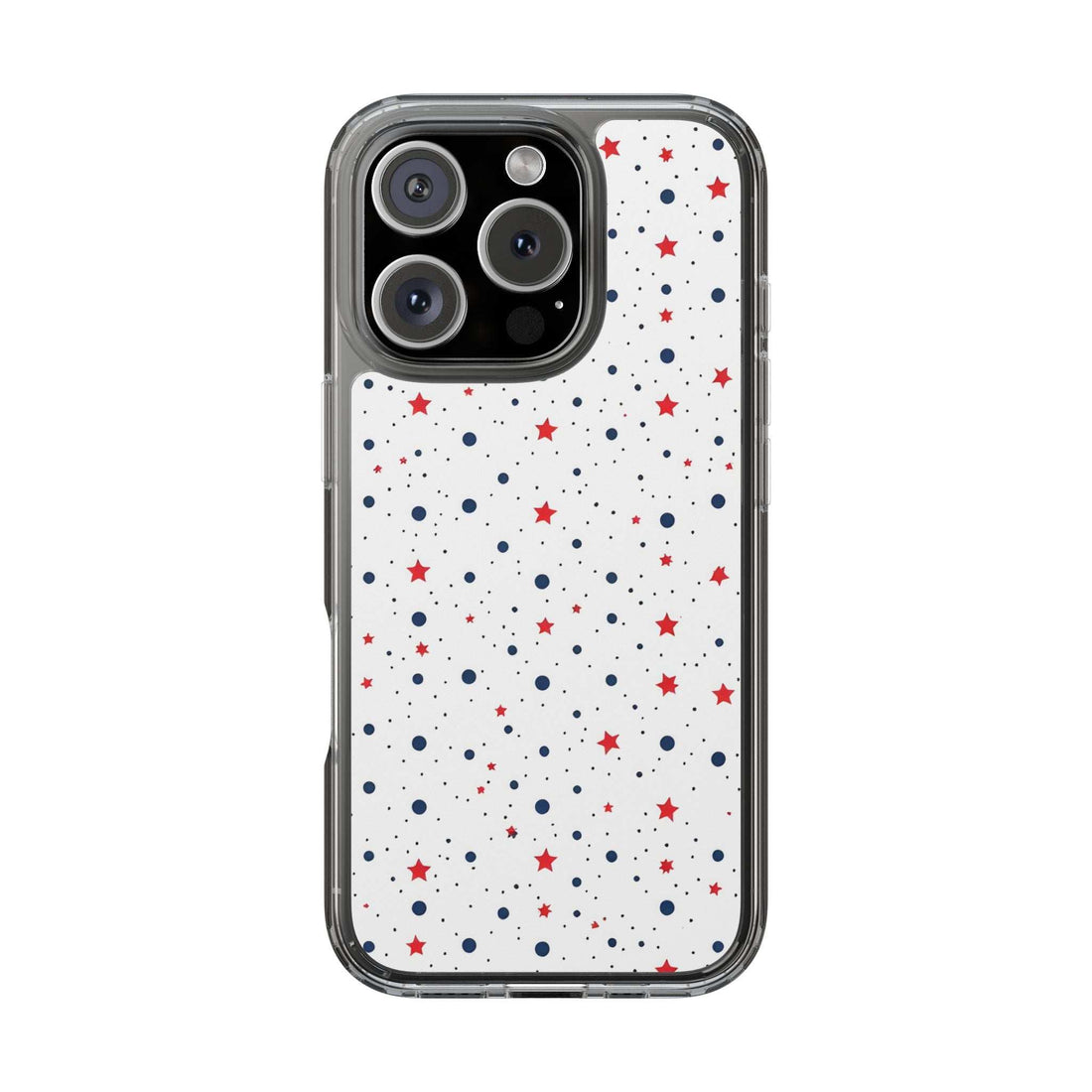 Clear phone case with red stars and blue dots on white; camera cutouts on top