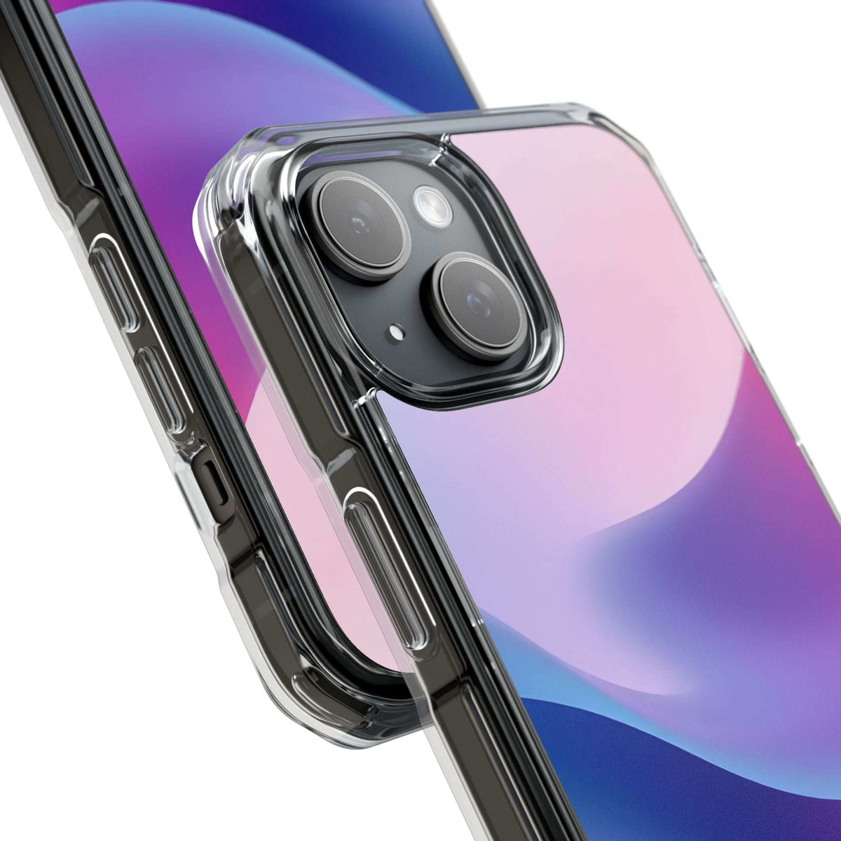 Pastel wave phone case close-up with clear bumper, camera lenses, and wave gradient