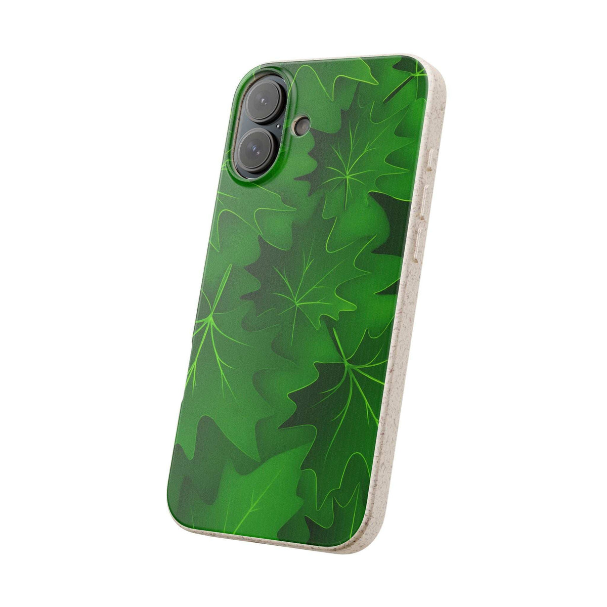 Green botanical leaf phone case with speckled beige side trim