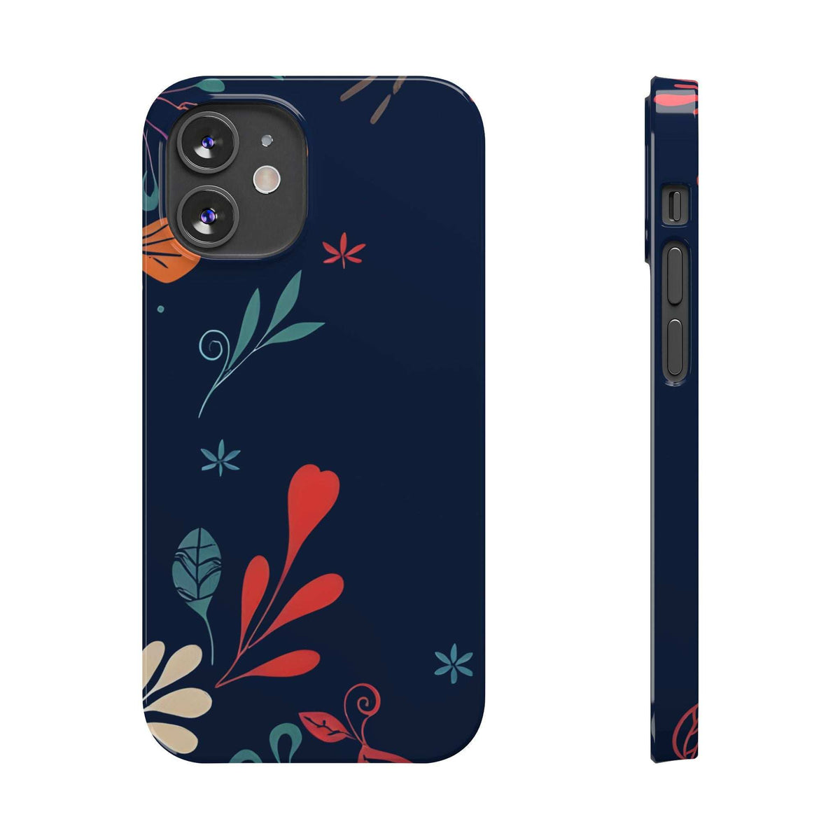 Navy botanical phone case with red heart and colorful leaves, camera cutout and side port openings