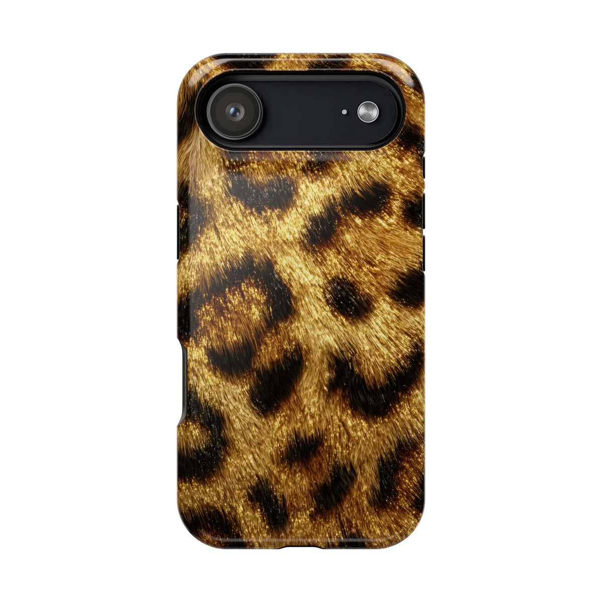 Glossy leopard print phone case in gold with dark spots, slim camera bar cutout.