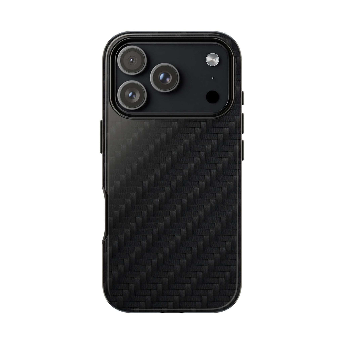 Black carbon fiber phone case with glossy finish, raised camera cutouts
