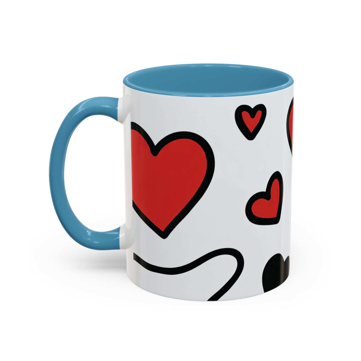 Light blue and white love-themed accent coffee mug with large heart face graphic
