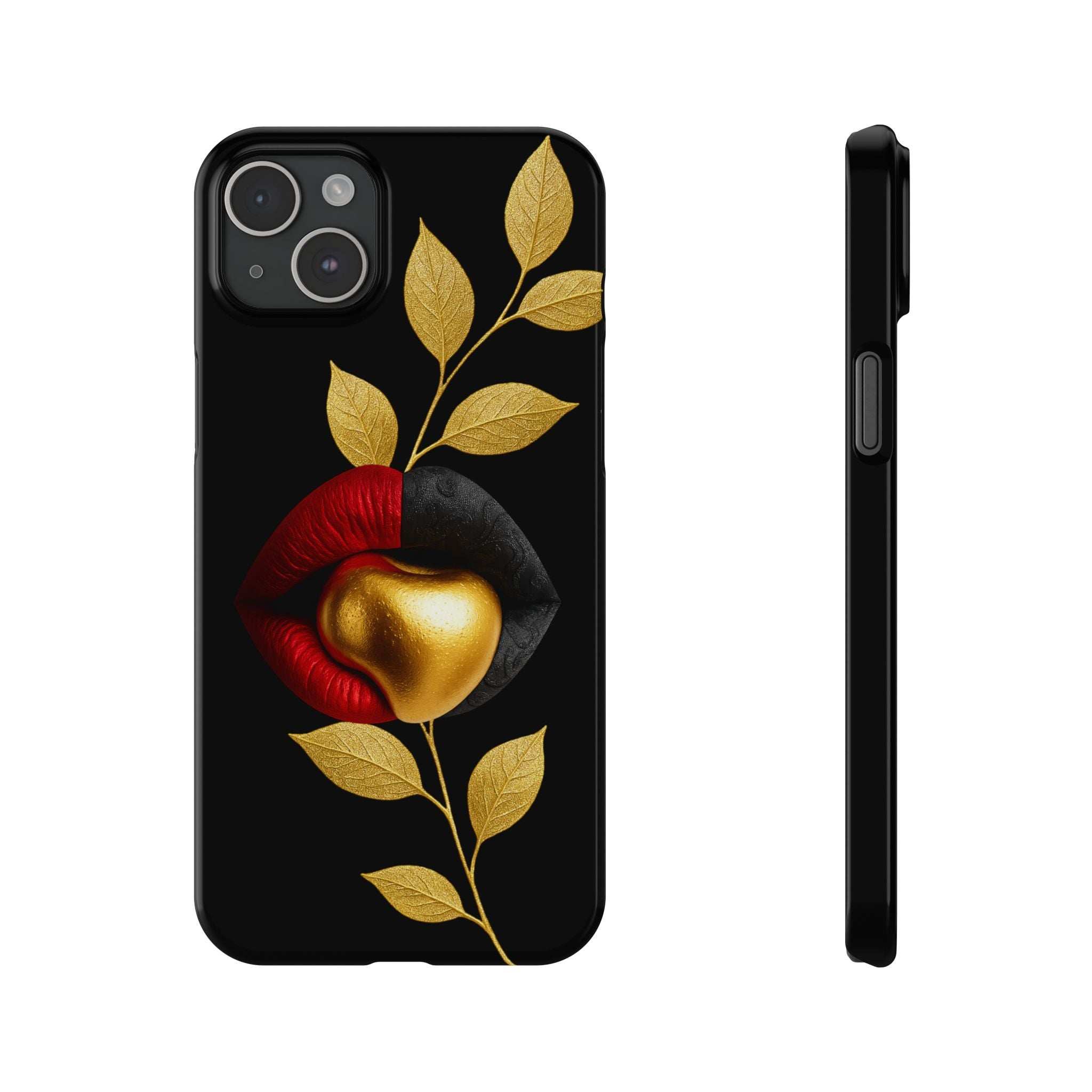 Gilded Expression phone case for iPhone, black with gold leaves and red lip graphic
