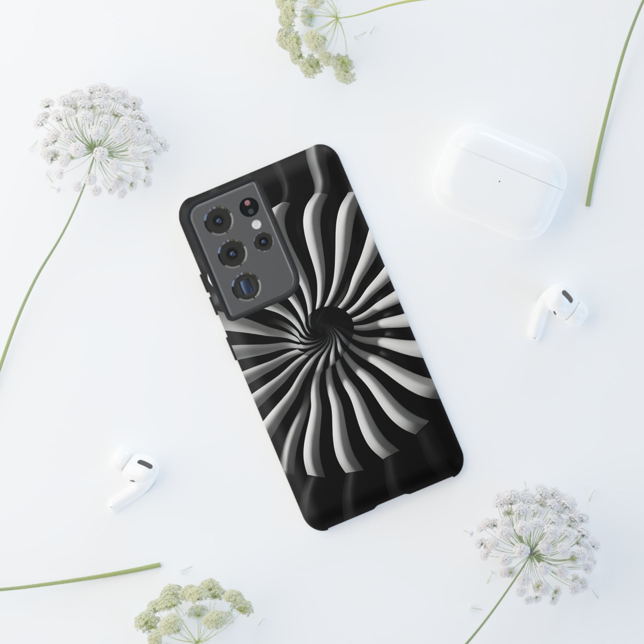 Hypnotic Black and White Spiral Phone Case – Optical Illusion Design for iPhone & Galaxy