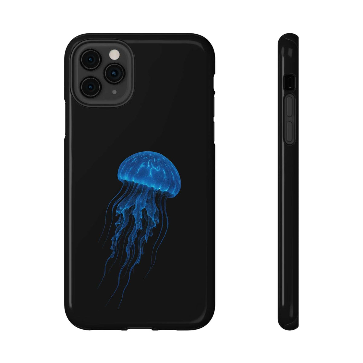 Black phone case with blue jellyfish print, showing side edge and camera area