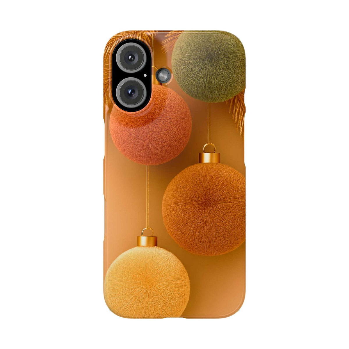 Phone case with orange and gold pom-pom ornaments, green fuzzy accents, camera cutouts
