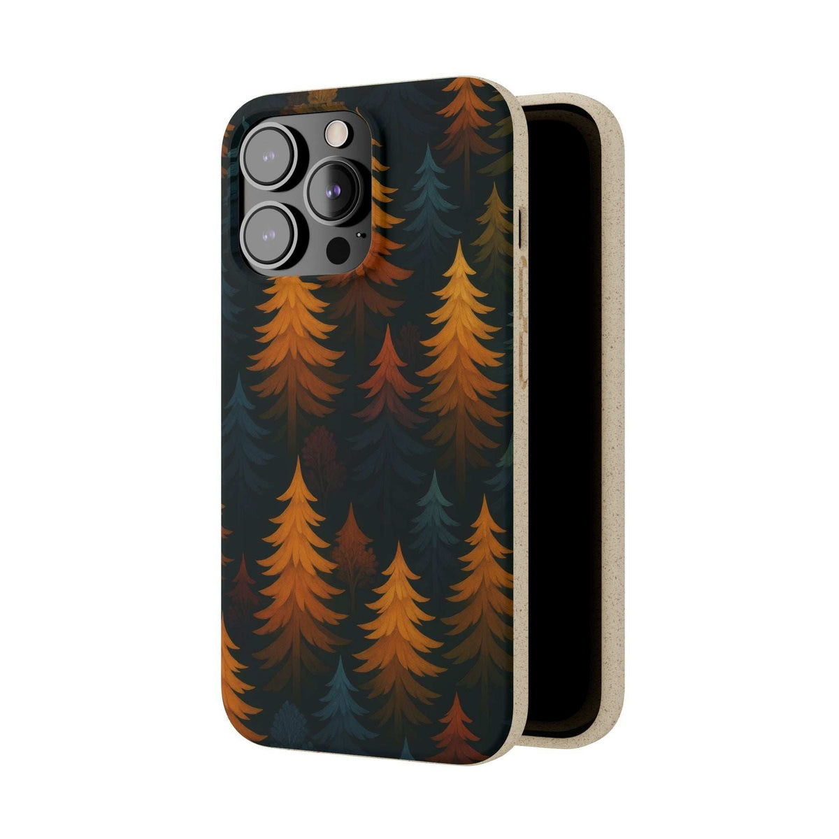 Biodegradable phone case with forest tree pattern, dark blue and orange, for iPhone
