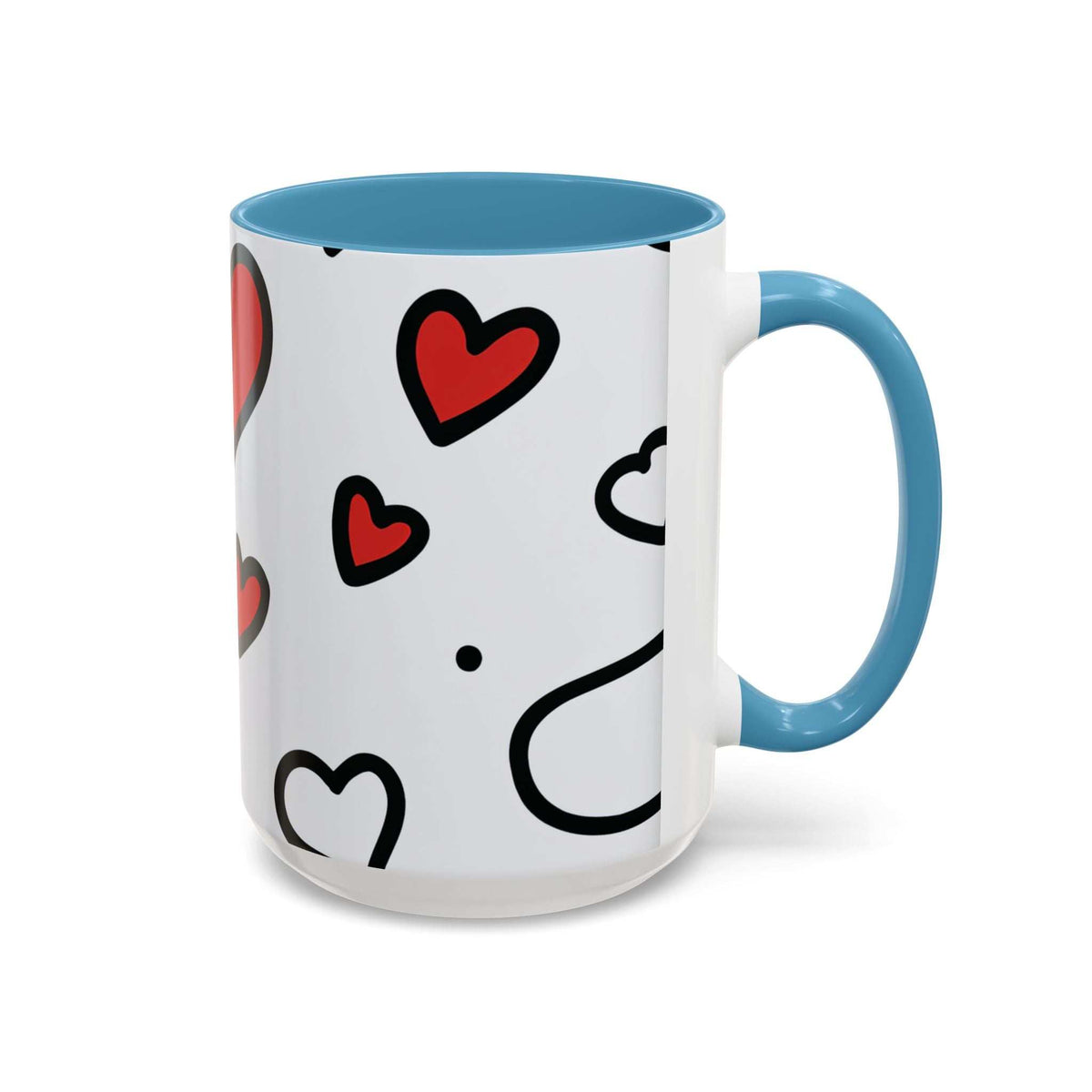 Light blue and white love-themed accent coffee mug with hearts and smiling face