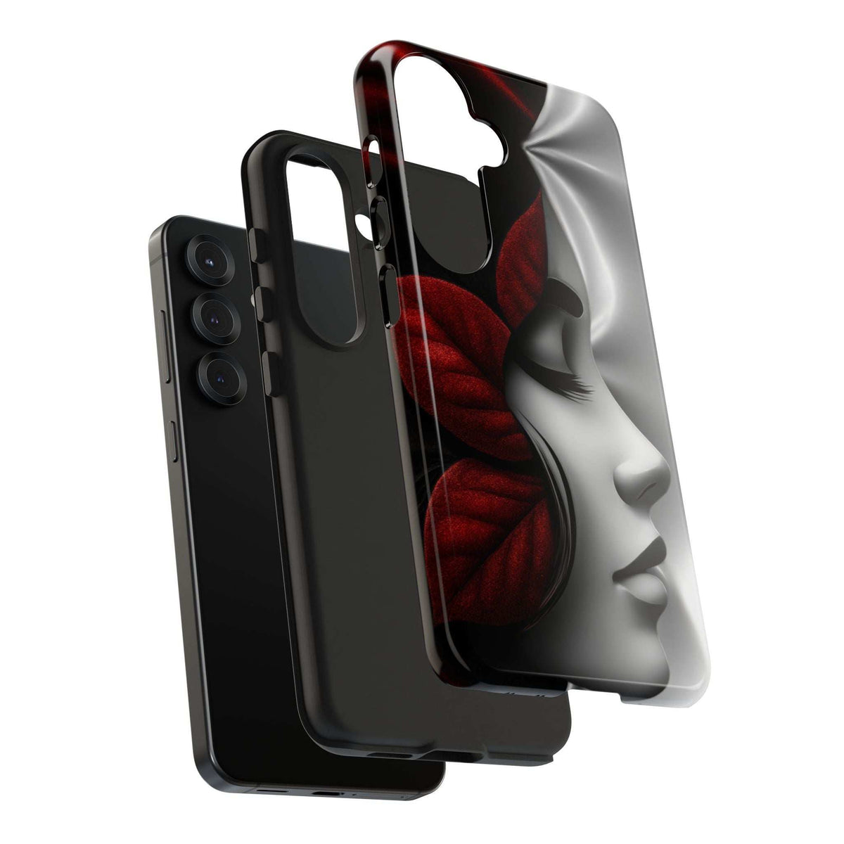 Phone case for iPhone and Galaxy, clear back with red flower and face graphic, black edges