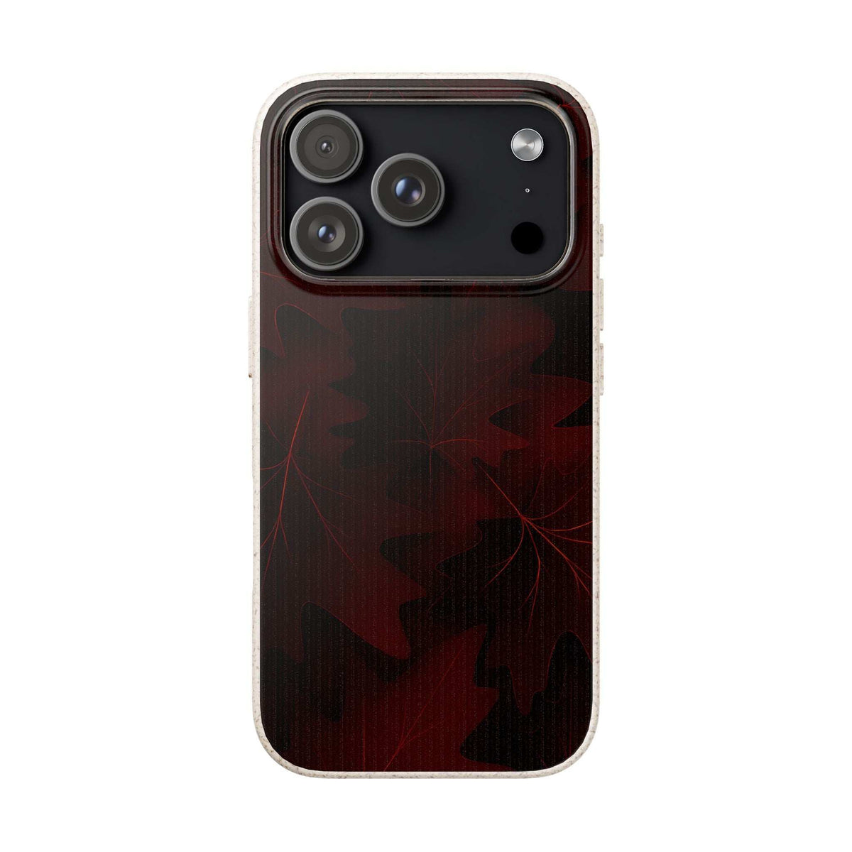 Phone case with dark red leaf pattern, beige rim, rear camera and flash cutouts