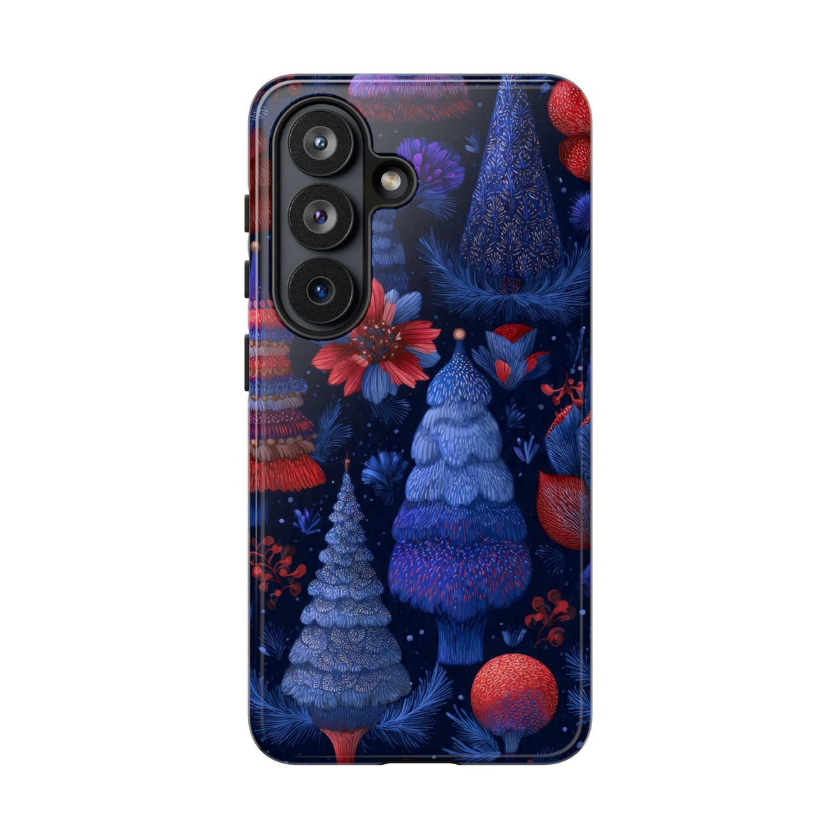 Glossy phone case featuring midnight blue pine trees, red flowers, and glowing ornaments.