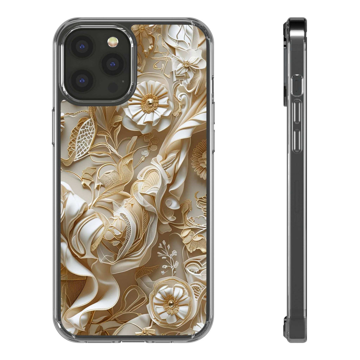 Clear phone case with gold and cream floral pattern, back view with camera bump
