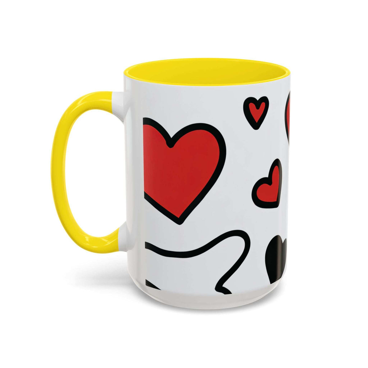 White ceramic mug with yellow rim and handle, red heart and lips icons with black outlines