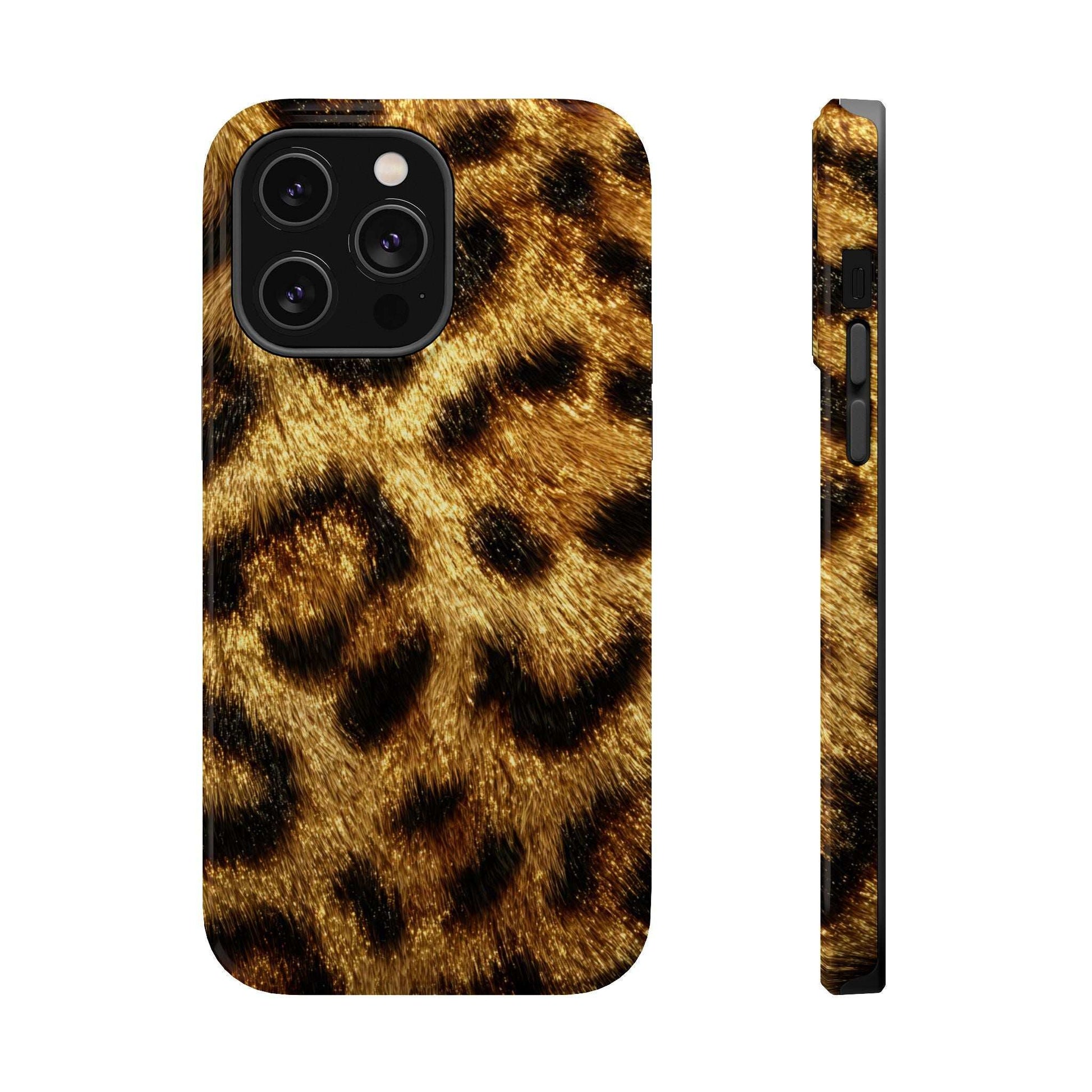 Leopard print phone case, glossy golden-and-black fur pattern with camera lens cutouts