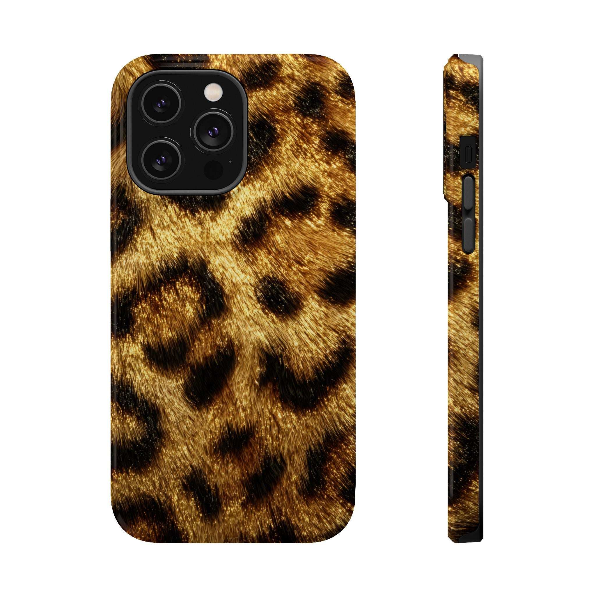 Leopard print phone case, glossy golden-and-black fur pattern with camera lens cutouts