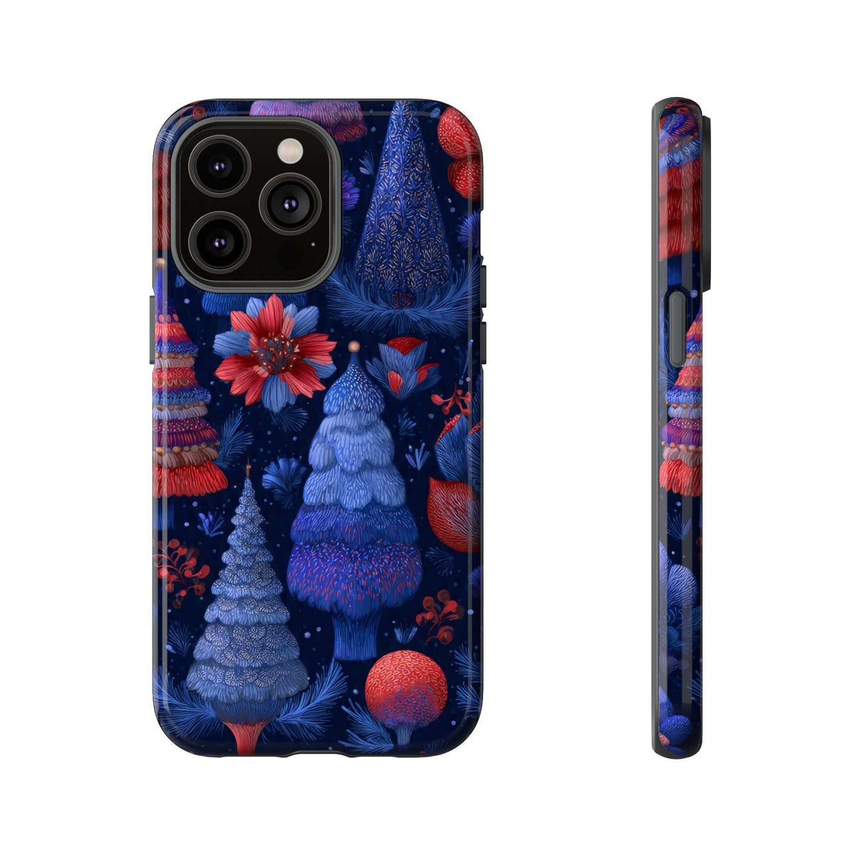 Phone case back with midnight blue forest trees and red ornaments, shown with side profile