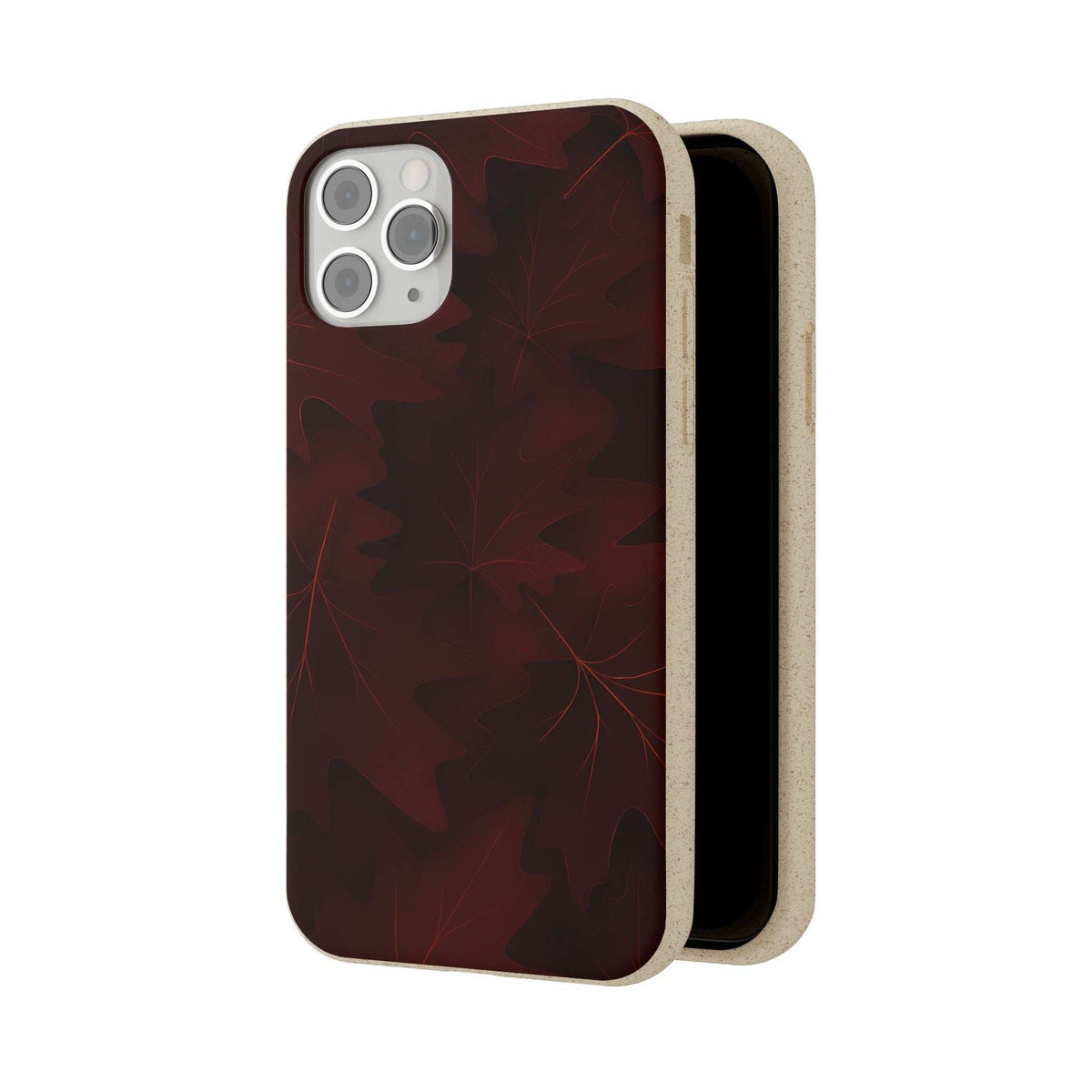 Maroon leaf-pattern phone case with light beige bumper edges, side-by-side views