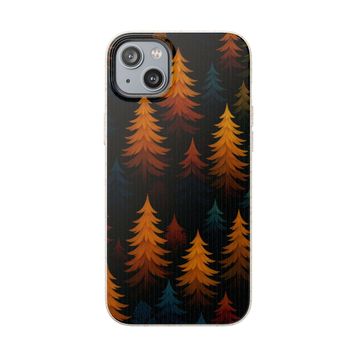 Biodegradable phone case with dark forest tree pattern and dual-lens camera cutouts