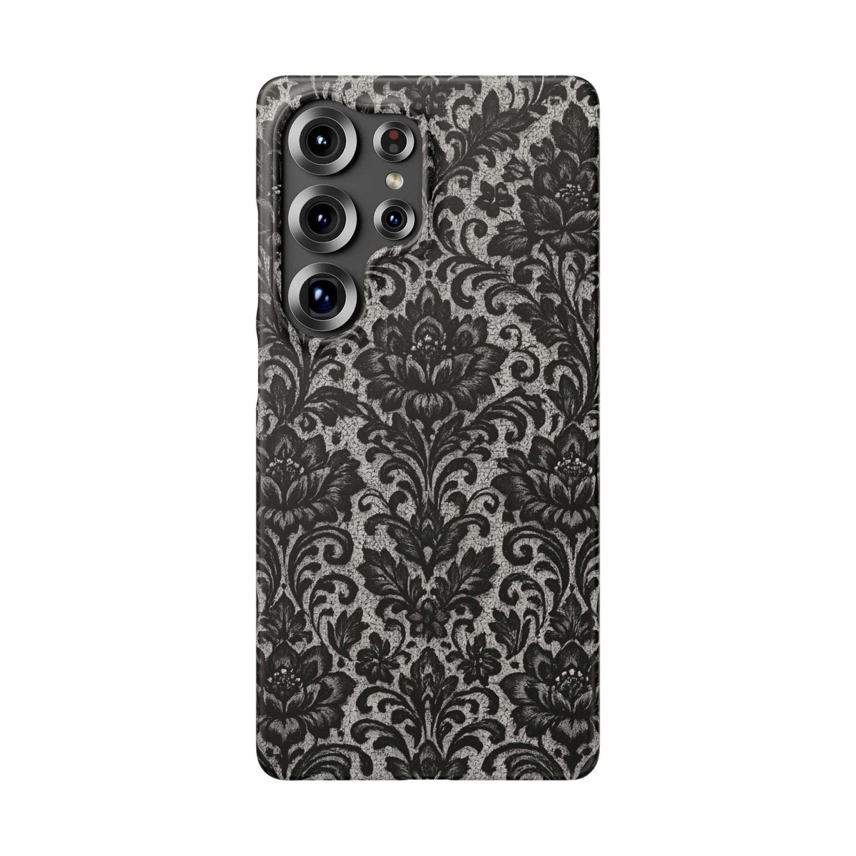 Black damask floral phone case with camera cutouts, front view