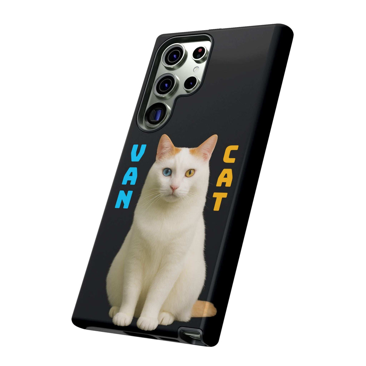 Black glossy phone case with a cream cat face graphic and camera cutouts